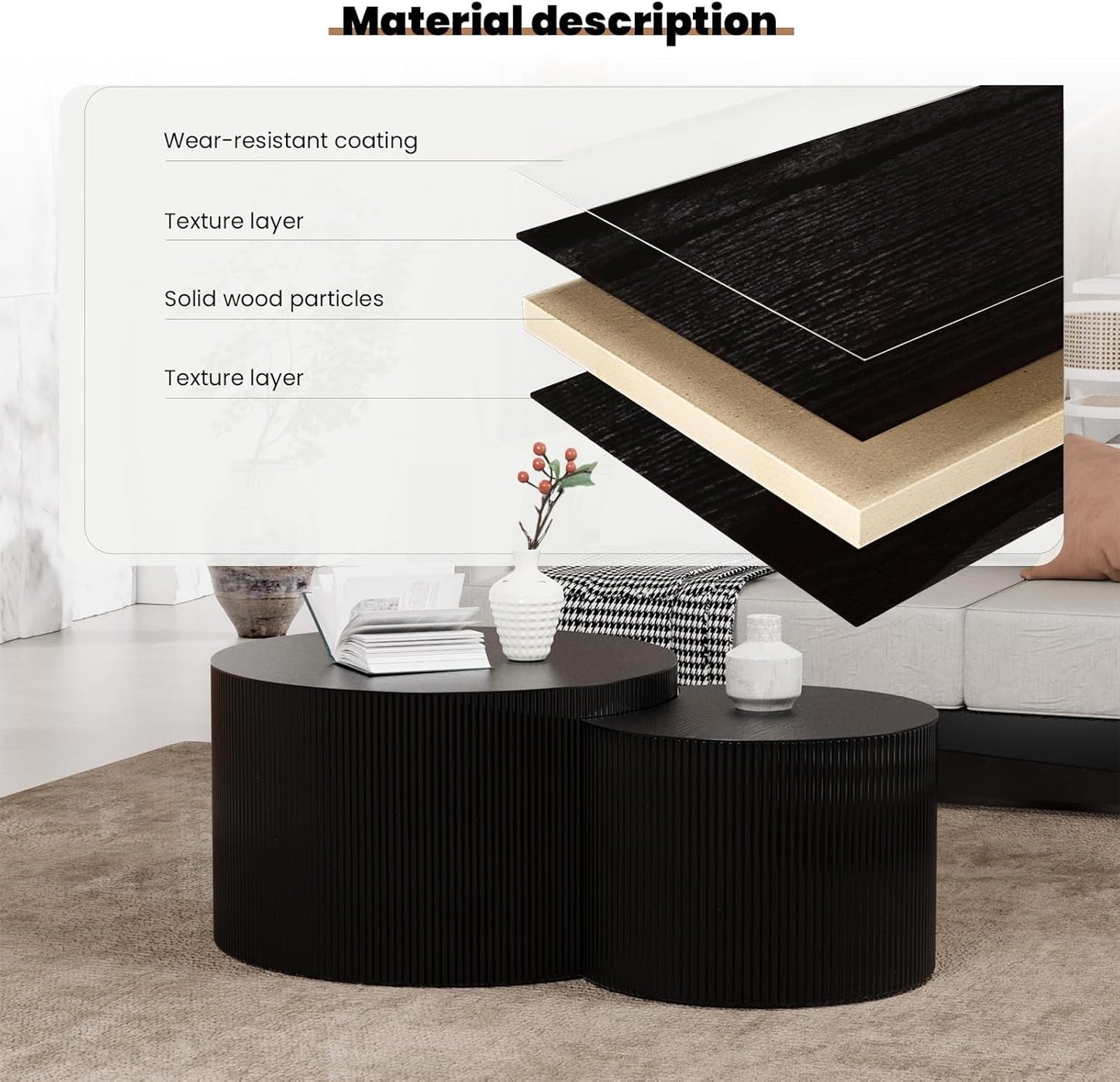 Round Nesting Coffee Table Set of 2 Handcraft Circle Fluted Nesting Coffee Tables Circular Side