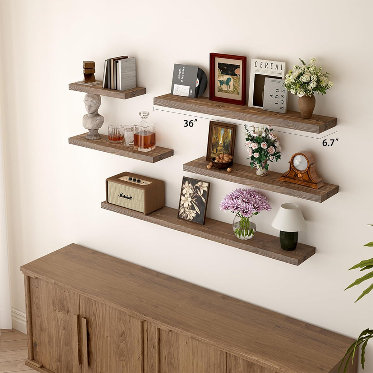 BGMG 36 inch Walnut Floating Shelves for Wall Set of 2, Solid Real Wood Rustic Mount Shelves for