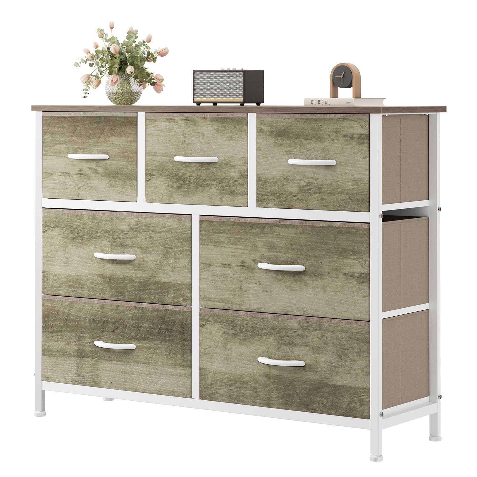 Sweetcrispy 7 Drawer Dresser for Bedroom Storage with Fabric Bins, Oak
