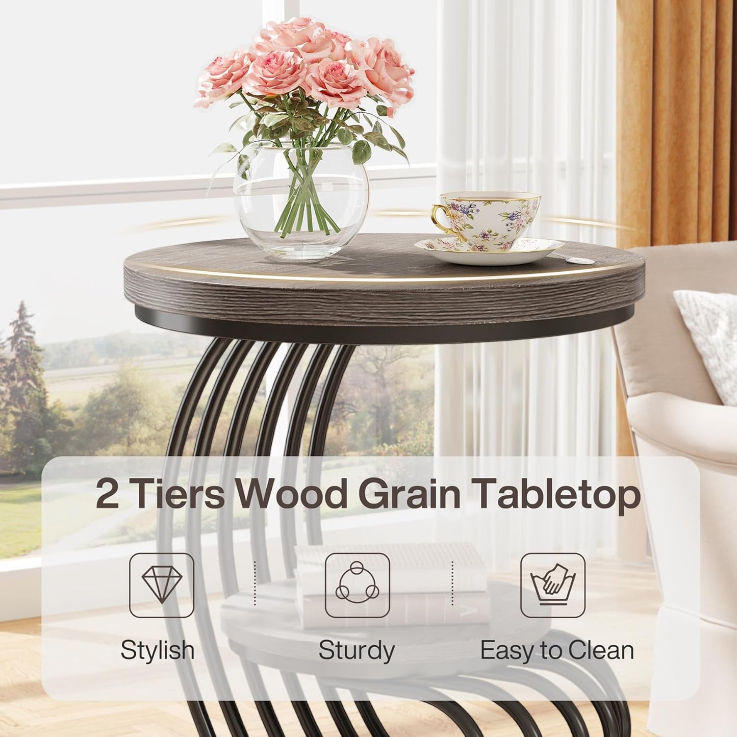 Tribesigns Round End Table: 2 Tiers Wood Side Table Set of 2 with Storage Shelf, Rustic Gray