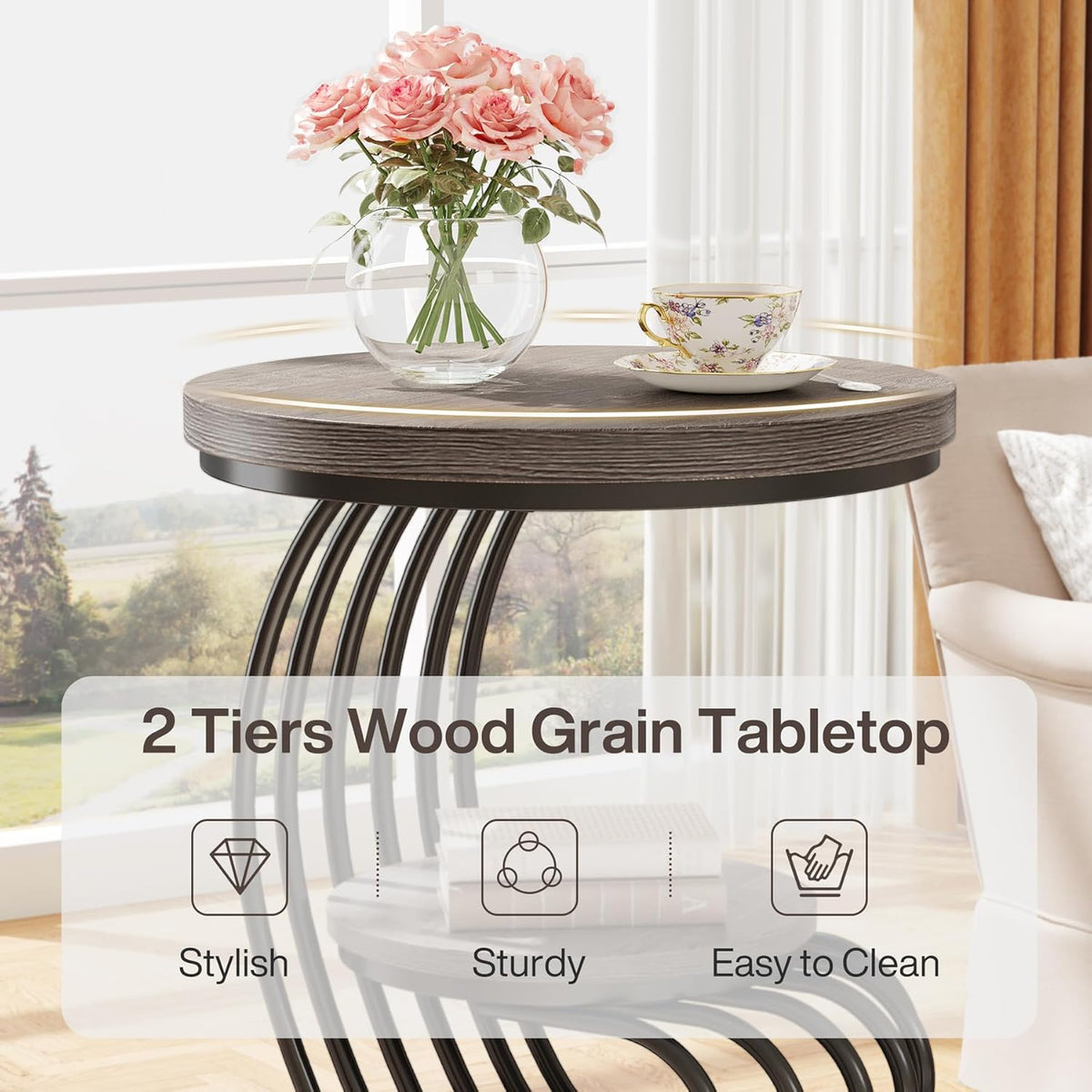 Tribesigns Round End Table: 2 Tiers Wood Side Table with Storage Shelf, Rustic Gray Bedside