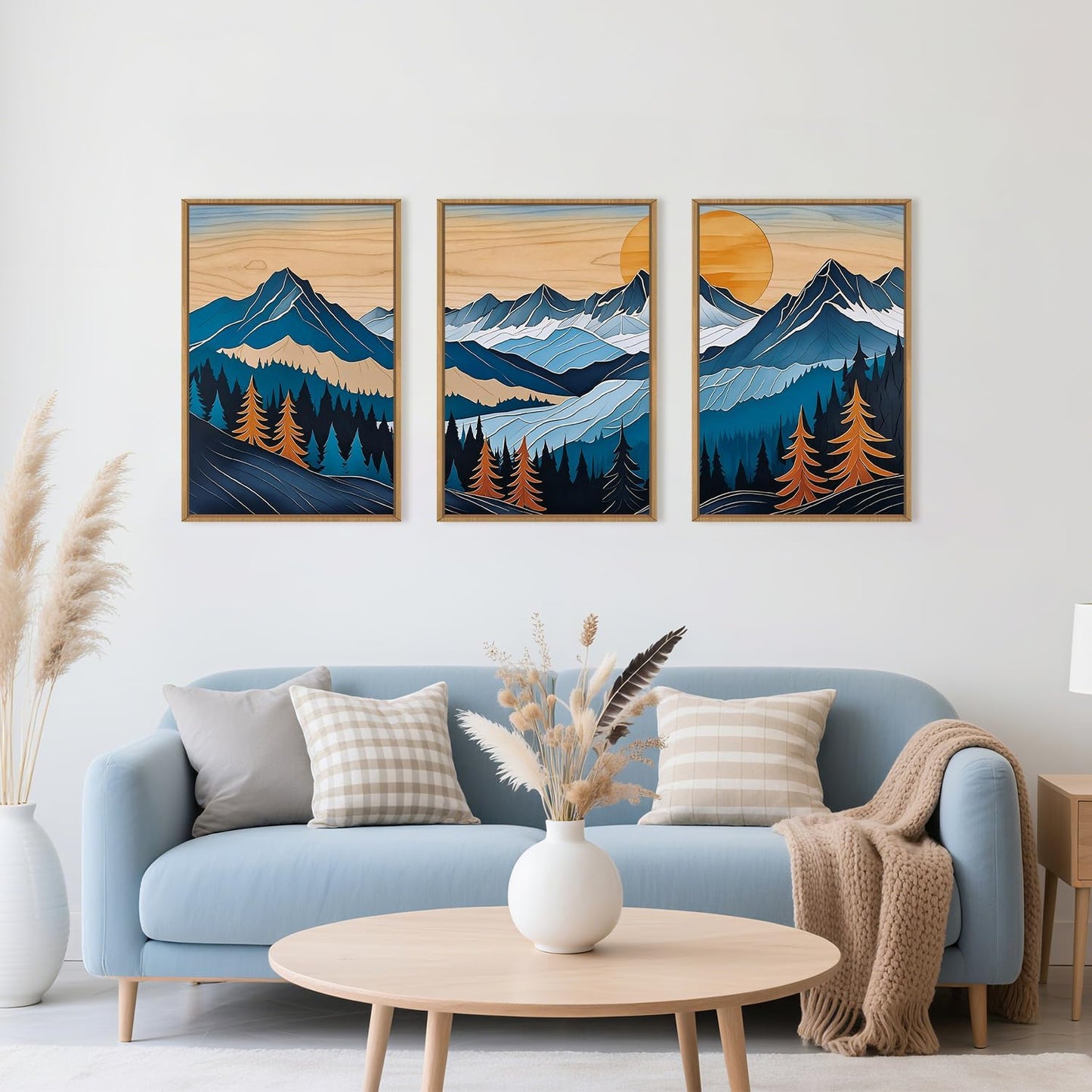 Celestdeco Blue Woodcut Mountain Framed Canvas Wall Art Set, Boho Abstract Ridge Wall Decor, Pine