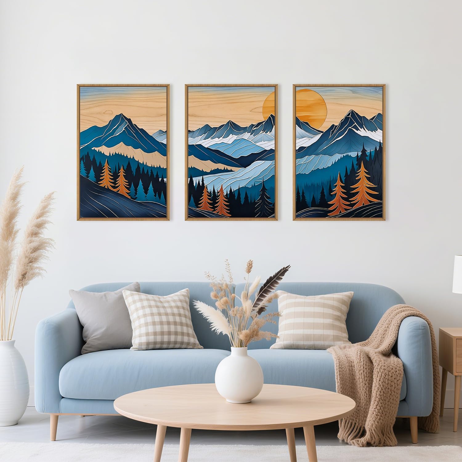 Celestdeco Blue Woodcut Mountain Framed Canvas Wall Art Set, Boho Abstract Ridge Wall Decor, Pine