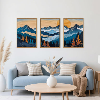 Celestdeco Blue Woodcut Mountain Framed Canvas Wall Art Set, Boho Abstract Ridge Wall Decor, Pine