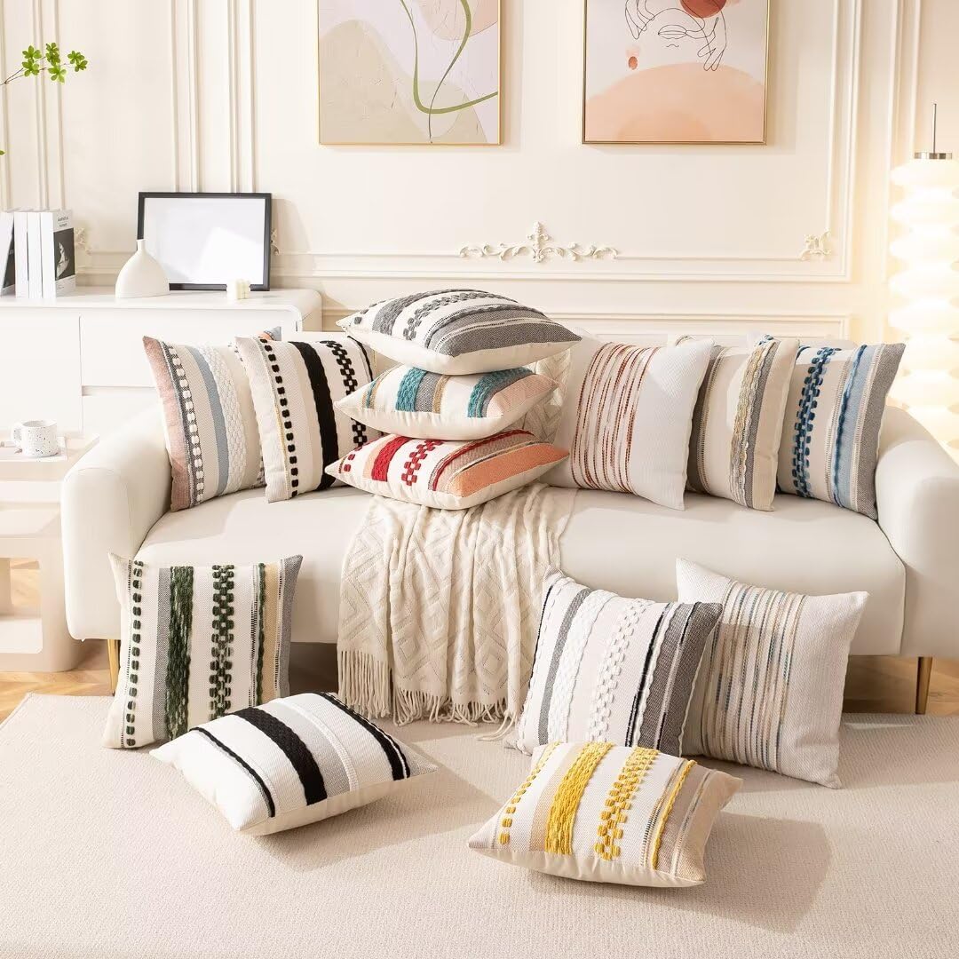 Boho Throw Pillow Covers 18x18 Set of 2 Farmhouse Decorative Cushion Case Striped Square Pillows