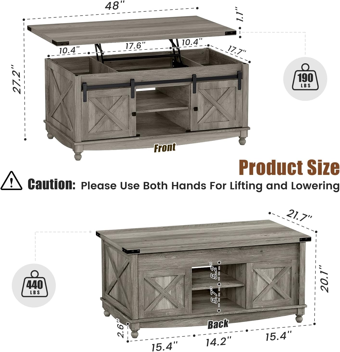 48" Farmhouse Lift Top Coffee Table with Storage Sliding Barn Door & Large Hidden Compartment