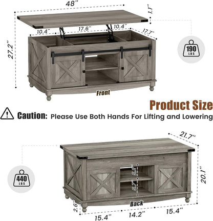 48" Farmhouse Lift Top Coffee Table with Storage Sliding Barn Door & Large Hidden Compartment