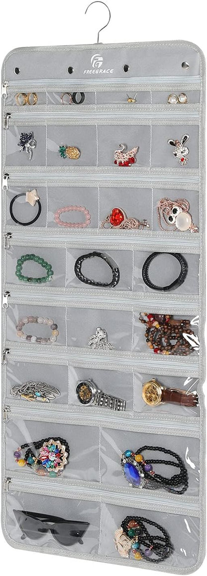 Freegrace Hanging Jewelry Organizer Revolving Hanger - Secure Zipper Closure - 25 Pockets,23 Hooks