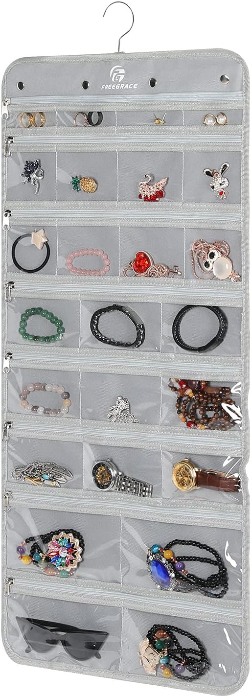 Freegrace Hanging Jewelry Organizer Revolving Hanger - Secure Zipper Closure - 25 Pockets,23 Hooks