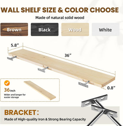 Floating Wall Shelves 2-Pack - 36-Inch Rustic Wooden Shelves for Storage and Décor, Easy
