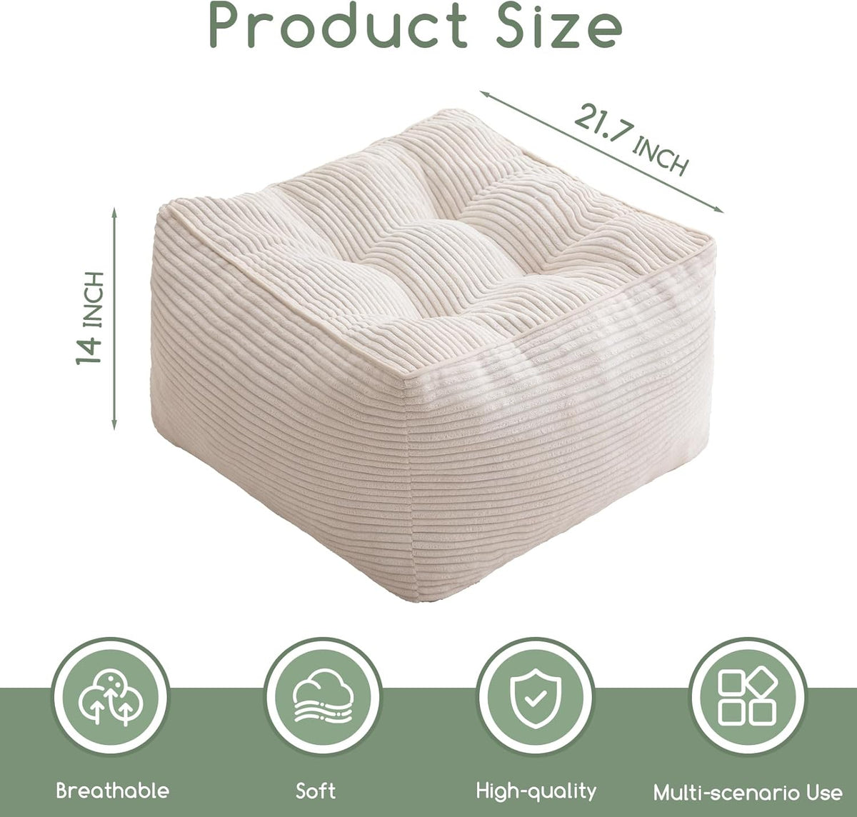 HIGOGOGO Square Stuffed Pouf Ottoman, Corduroy Poufs with Foam Chunk Filling, Furry and Fluffy Pouf