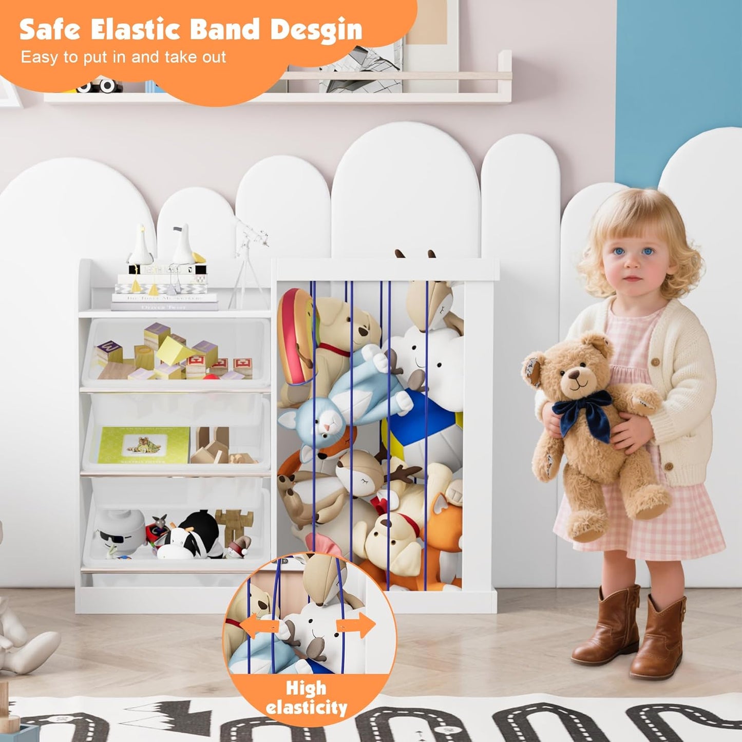 Kids Toy Storage Organizer with 3 Removable Plastic Bins Toddler Montessori Bookshelf with Stuffed