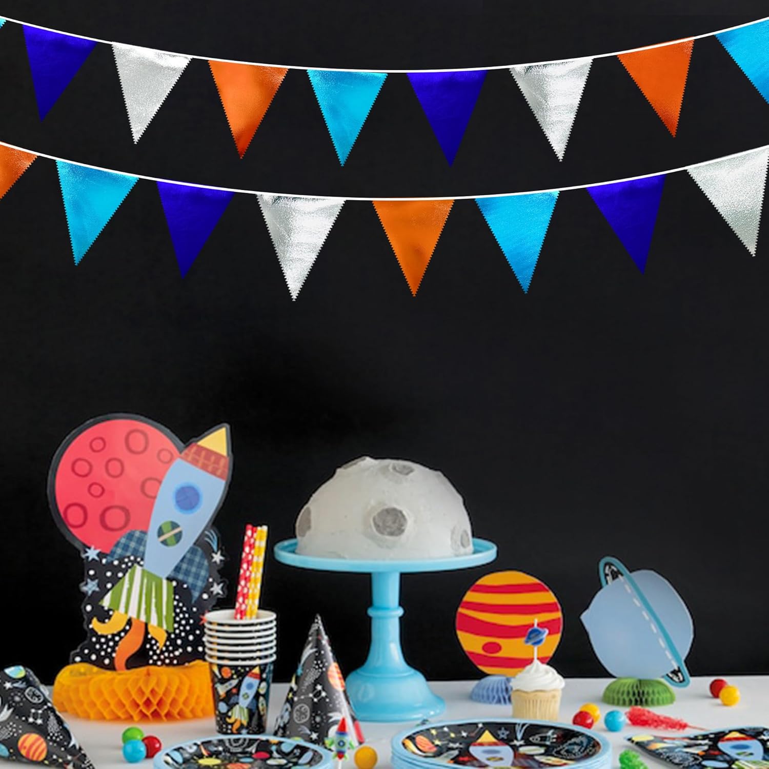 Orange Blue Silver Party Decorations Metallic Fabric Triangle Pennant Banner Flag Bunting Garland