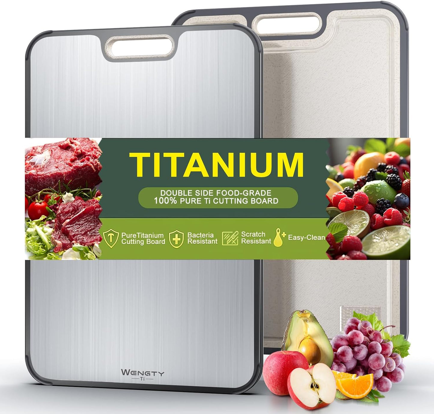 Titanium Cutting Boards for Kitchen, Double Sided Food-Grade Pure Titanium&Wheat Straw PP