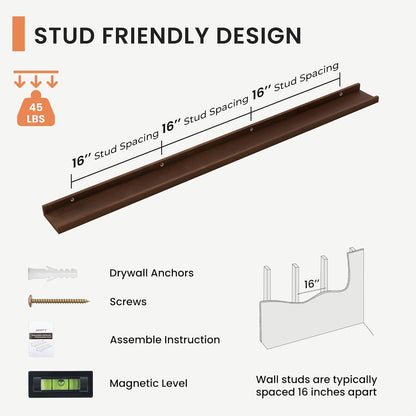 Solid Ash Wood Picture Ledge Shelf, Floating Shelves Set of 2, 56 Inch Long Large Ledge Shelves