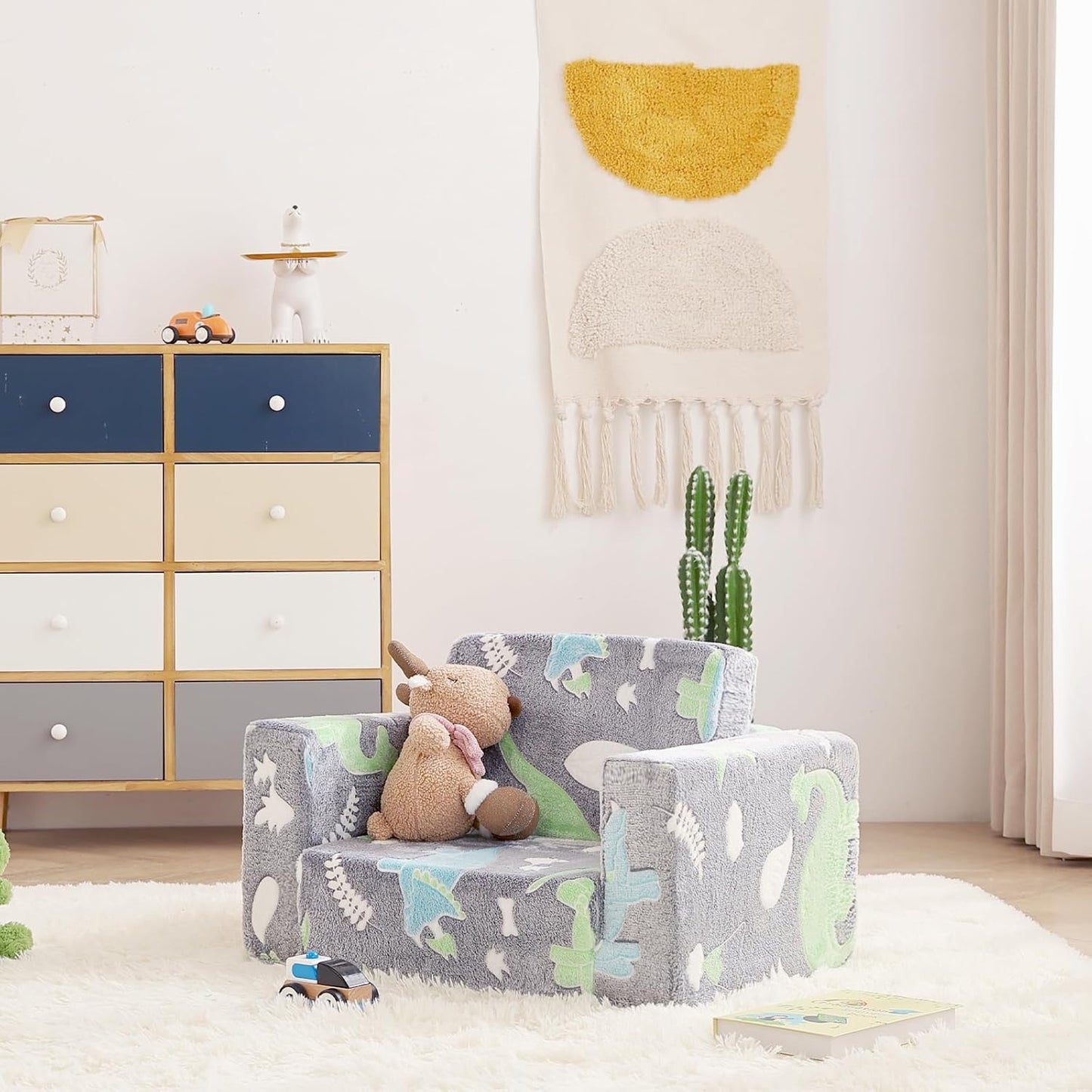 Toddler Chair Kids Couch, 2-in-1 Toddler Soft Sherpa Couch Fold Out Armchair with Removable Cover
