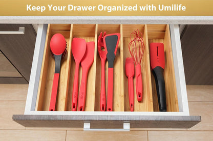 Umilife Expandable Kitchen Drawer Organizer, 2.5" High Bamboo Utensils Silverware Tray, Adjustable