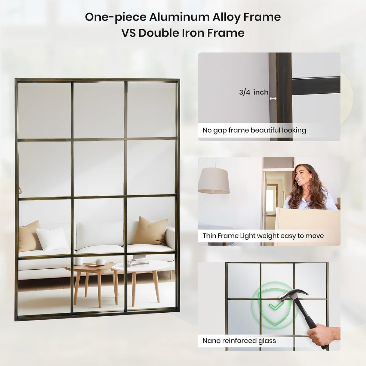 Windowpane Wall Mirror 24"x36" Bronze Wall Mounted Art Pane Mirror Farmhouse Decorative Mirror