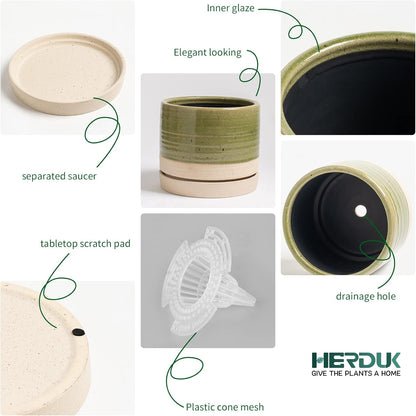 6 Inch Plant Pots, Ceramic Planter Pot with Drainage Hole & Saucer, Indoor/Outdoor Cylinder Round