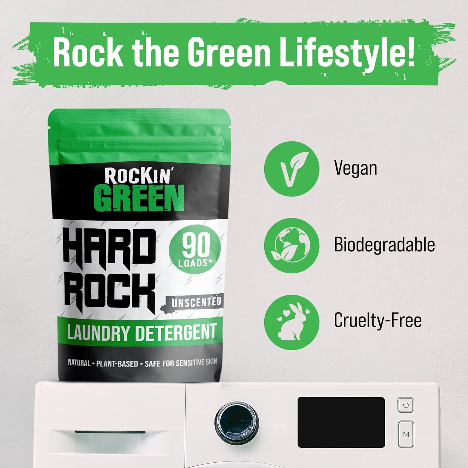 Rockin' Green Hard Rock Laundry Detergent for Hard Water (90 Loads), Plant based, Natural Laundry