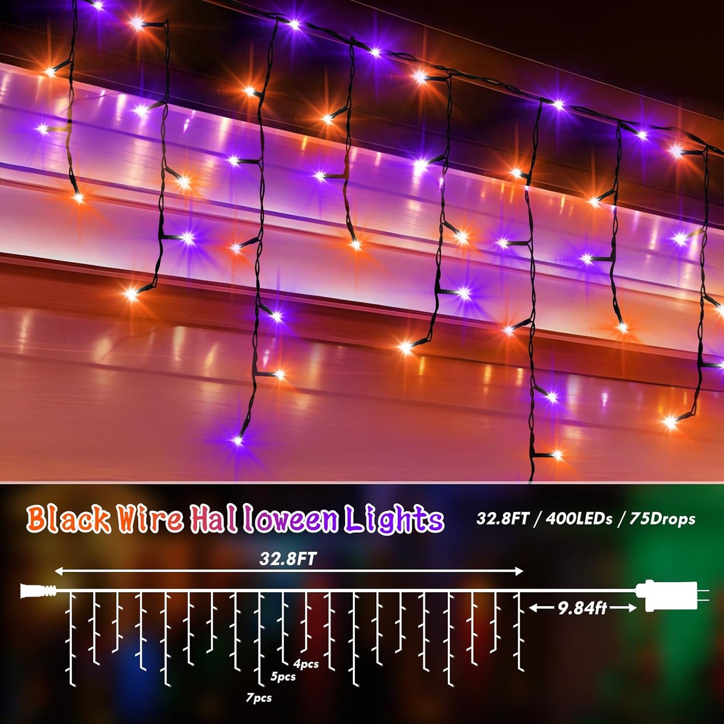 KNONEW 33FT 400 LED Orange Purple Halloween Lights Outdoor Black Wire String Lights with 75 Drops
