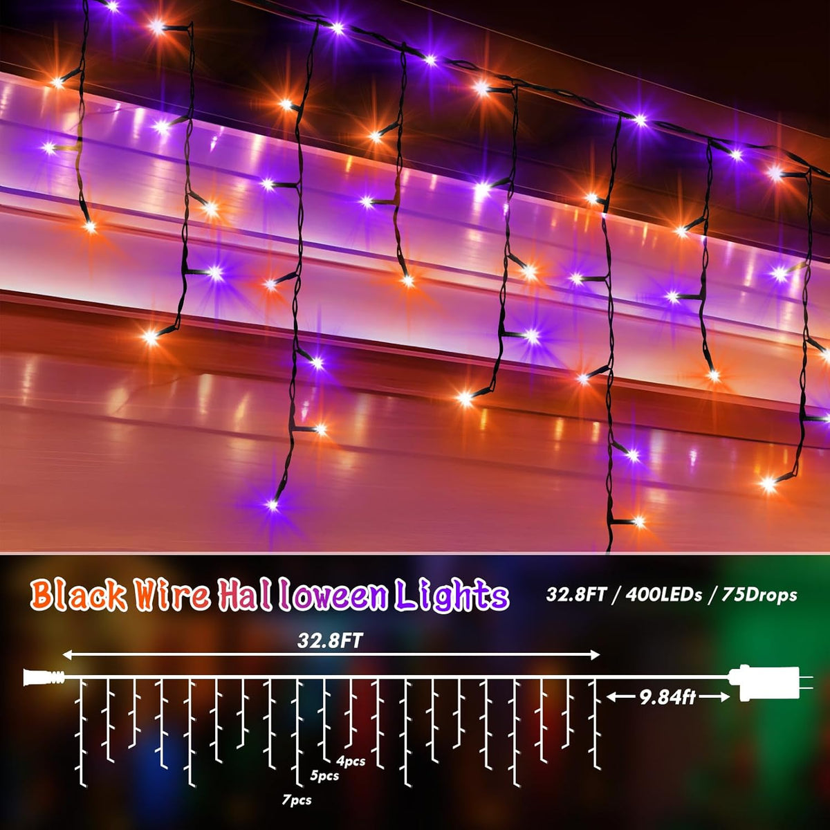 KNONEW 33FT 400 LED Orange Purple Halloween Lights Outdoor Black Wire String Lights with 75 Drops