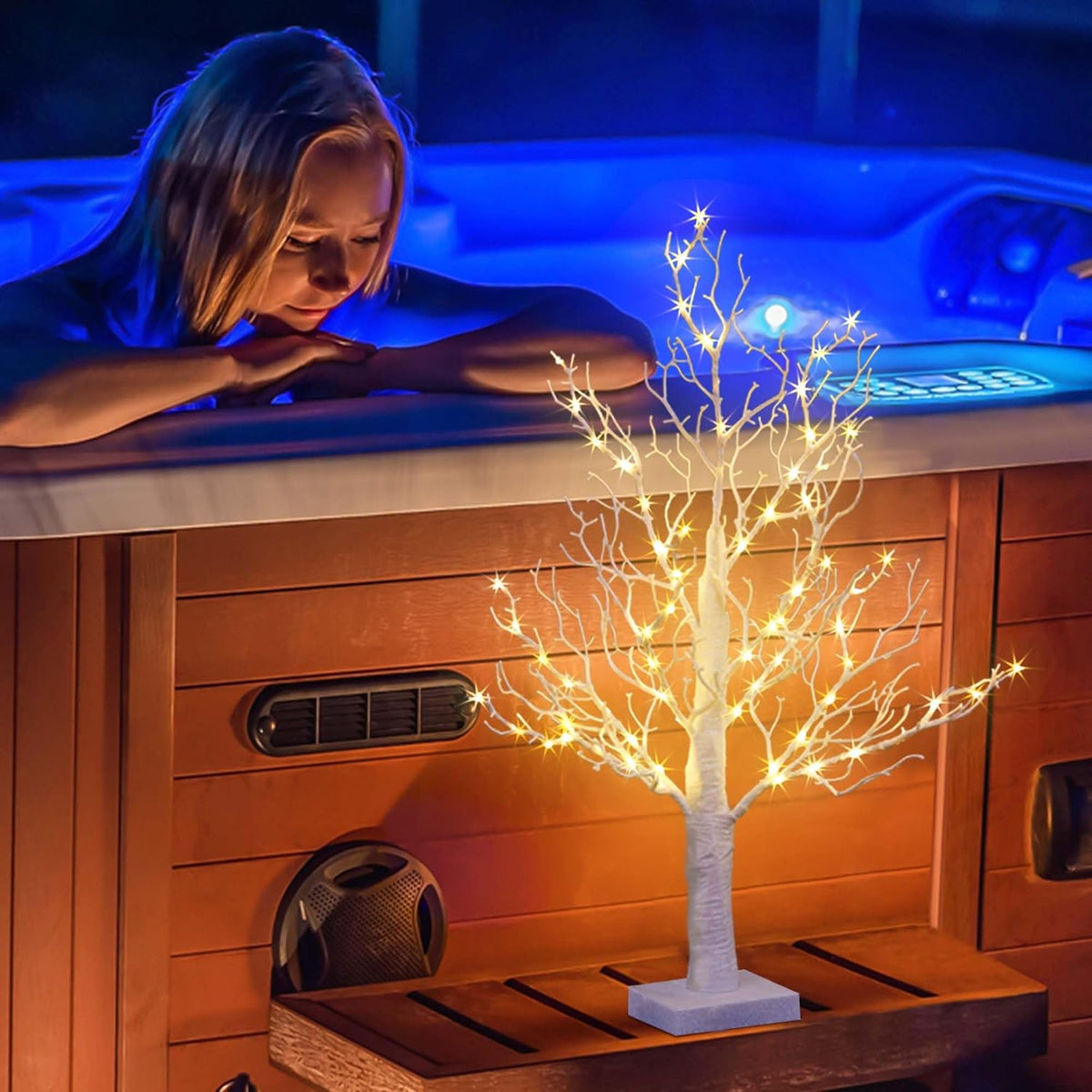 LIGHTSHARE 24IN Lighted Willow Tree Bonsai 70 Mini LED Lights Artificial White Birch Tree for Home