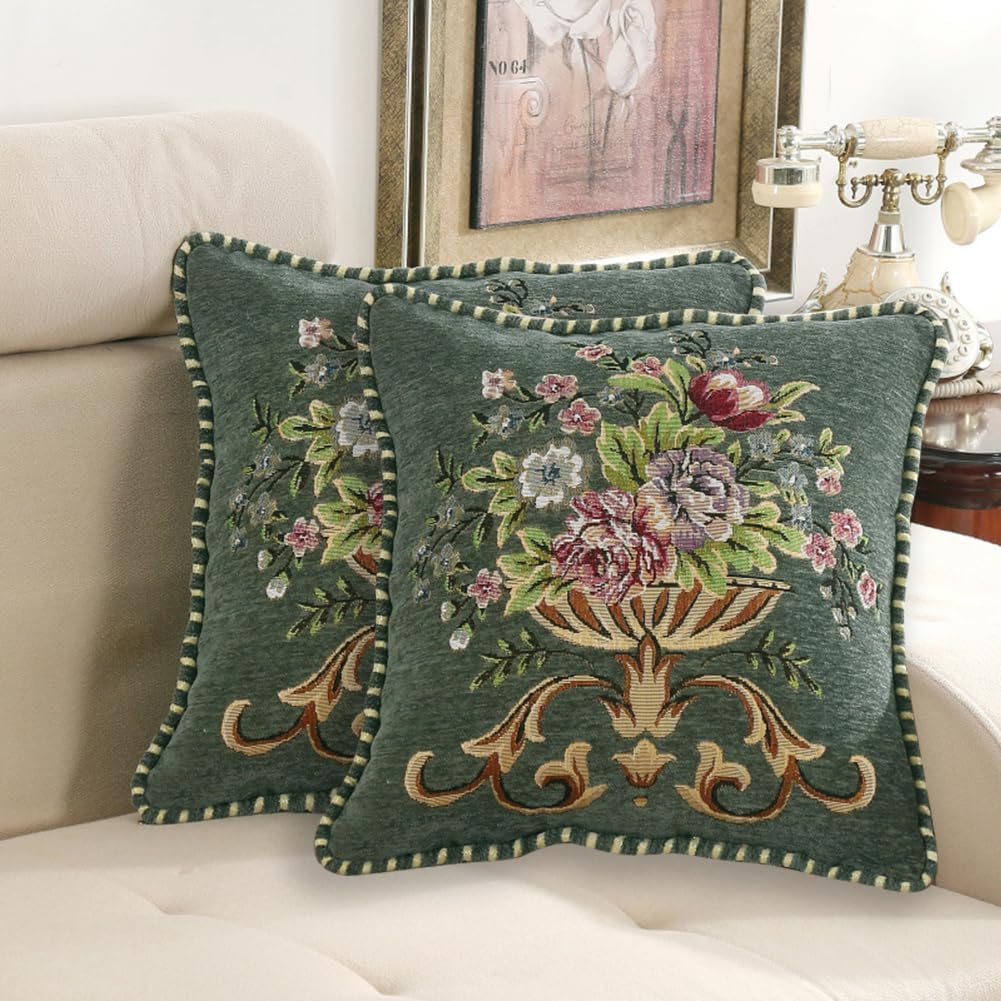 Set of 2 Spring Chenille Vintage Green Throw Pillows Covers 18x18in Sofa Couch Pillows for Living