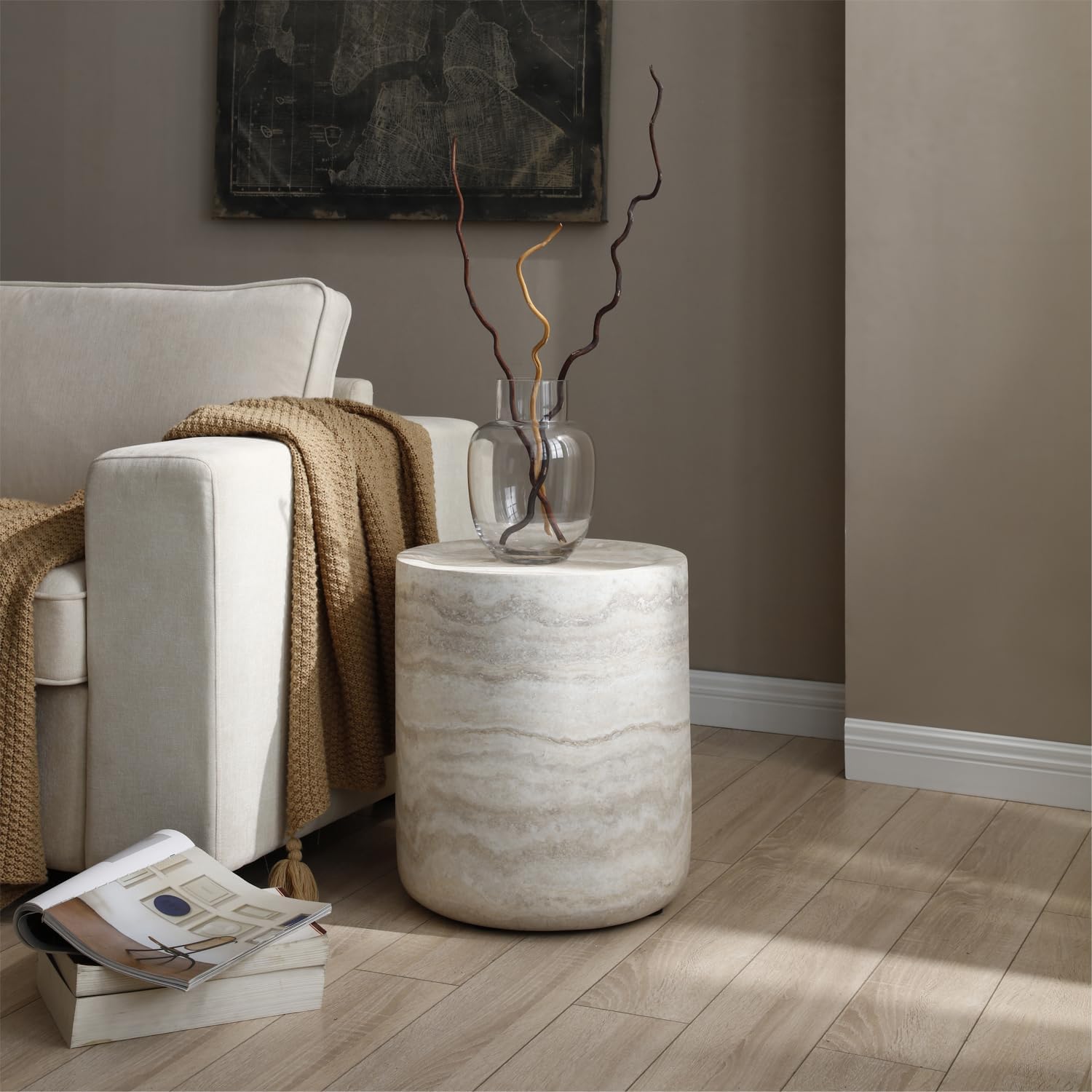 Faux Marble Coffee Table, Modern Round Coffee Table for Living Room, Circle Drum Coffee Side