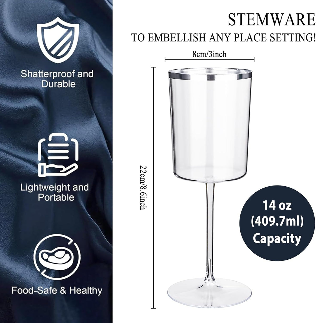 Ciaell 12 Pack Plastic Wine Glasses - 14 Oz Plastic Wine Glasses with Stem - Square Silver