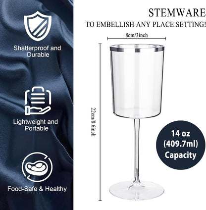 Ciaell 12 Pack Plastic Wine Glasses - 14 Oz Plastic Wine Glasses with Stem - Square Silver