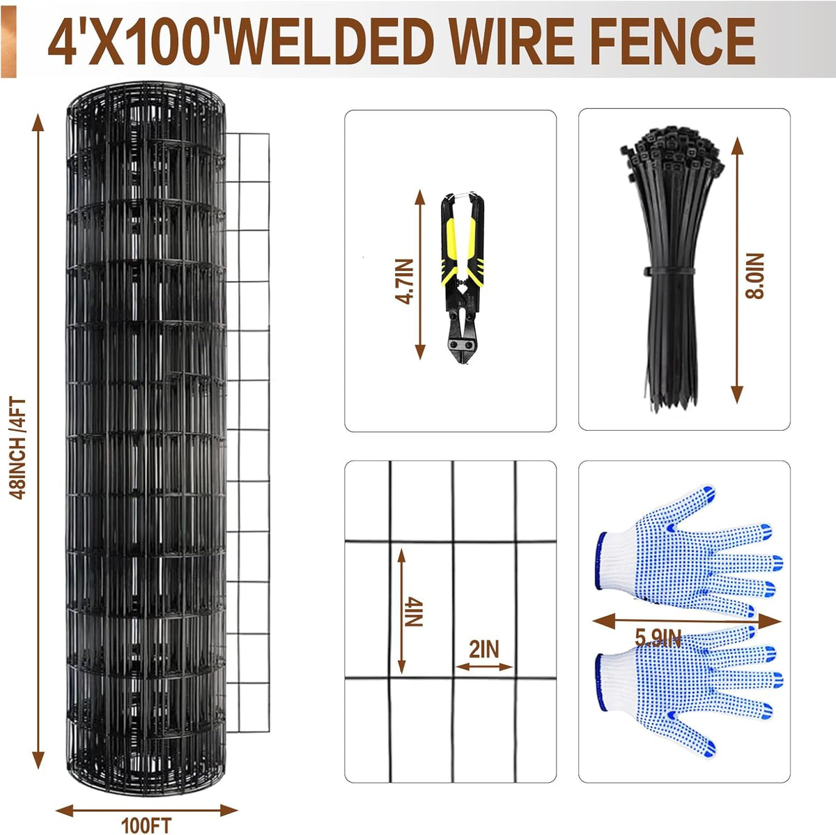 Tongmo 4 ft x 100 ft Black PVC Coated Welded Wire Fence, 16GA Garden Chicken Wire Fence Roll, Mesh