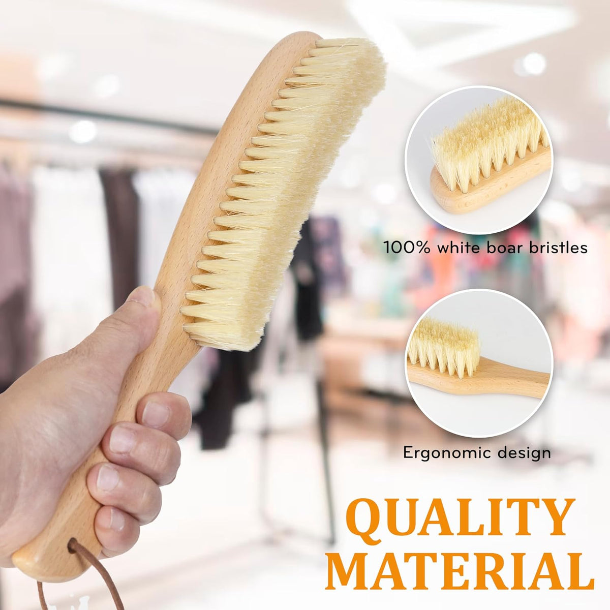 TAKAVU Clothes Brush Hat Brush, White Boar Bristle Lint Brush with Large Beech Wood Handle