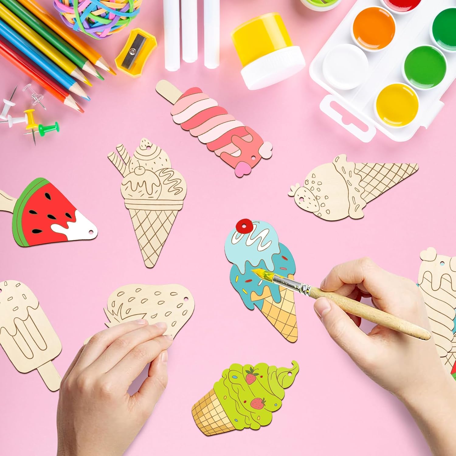 80PCS Wooden Ice Cream Cutouts Ornaments to Paint,Summer Decorations 8 Styles DIY Blank Unfinished