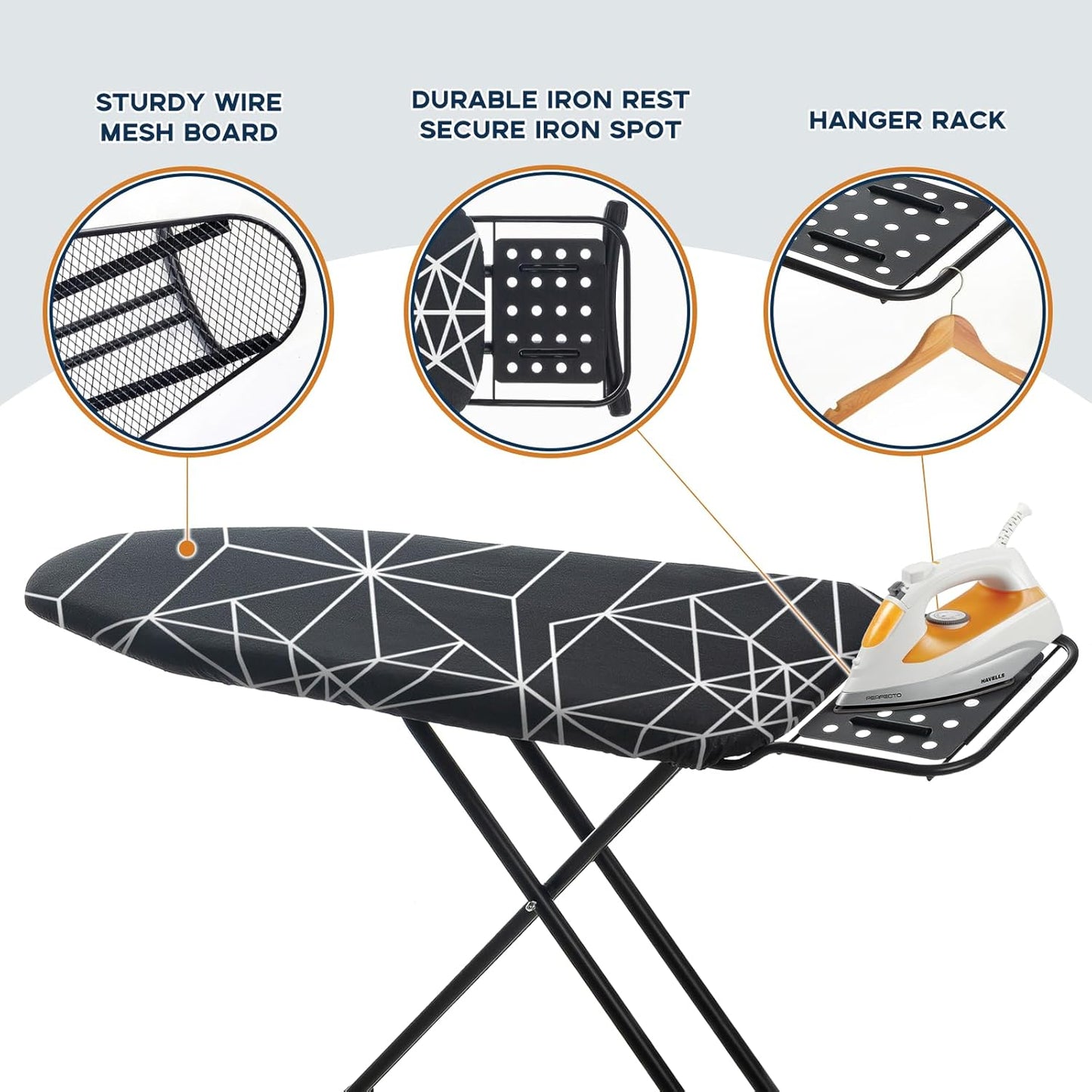 Ironing Board 43x13, Compact Iron Board Full Size with Heavy Duty Iron Rest, Thick Padded Cover