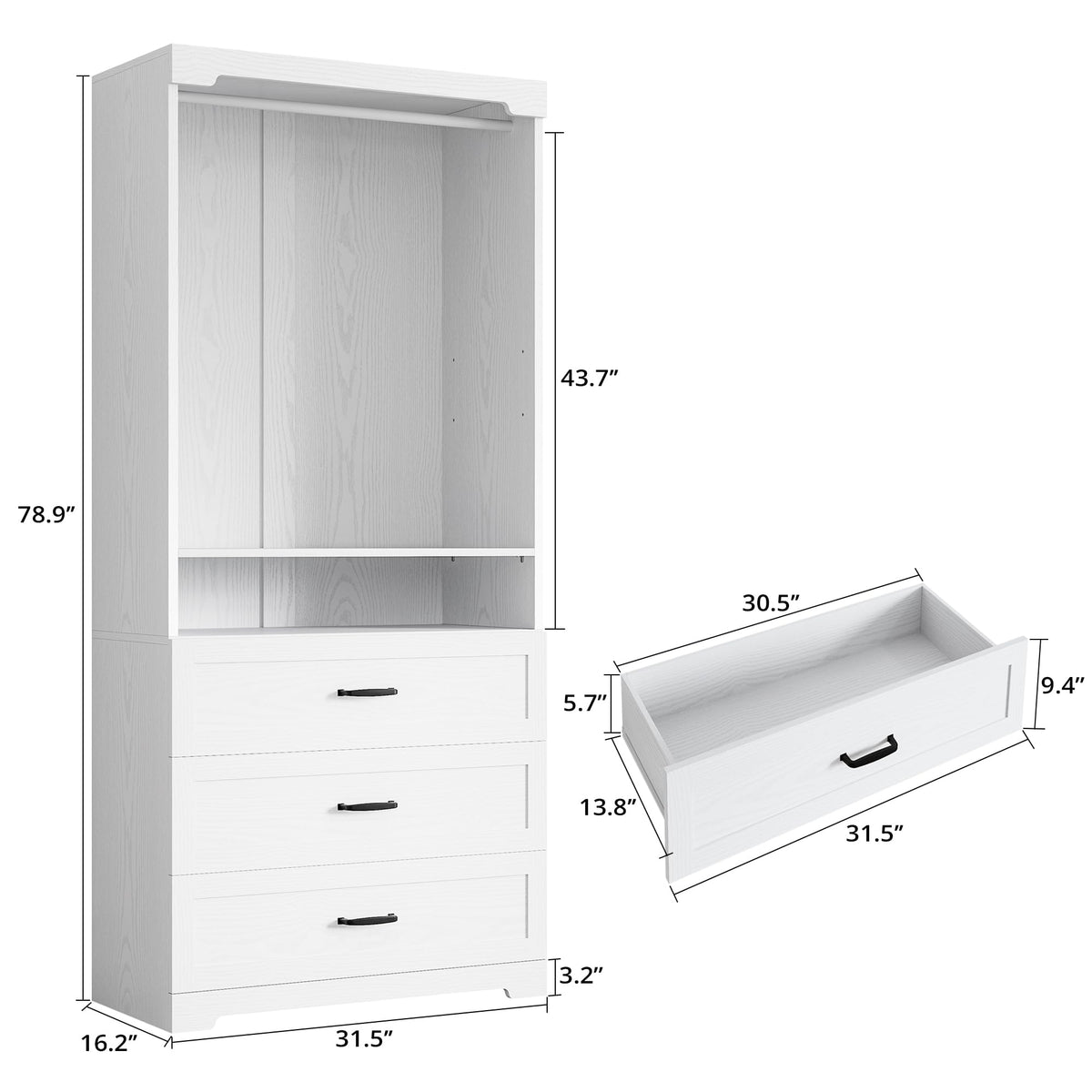 IRONCK Freestanding Closet System with Adjustable Shelves & 3 Drawers