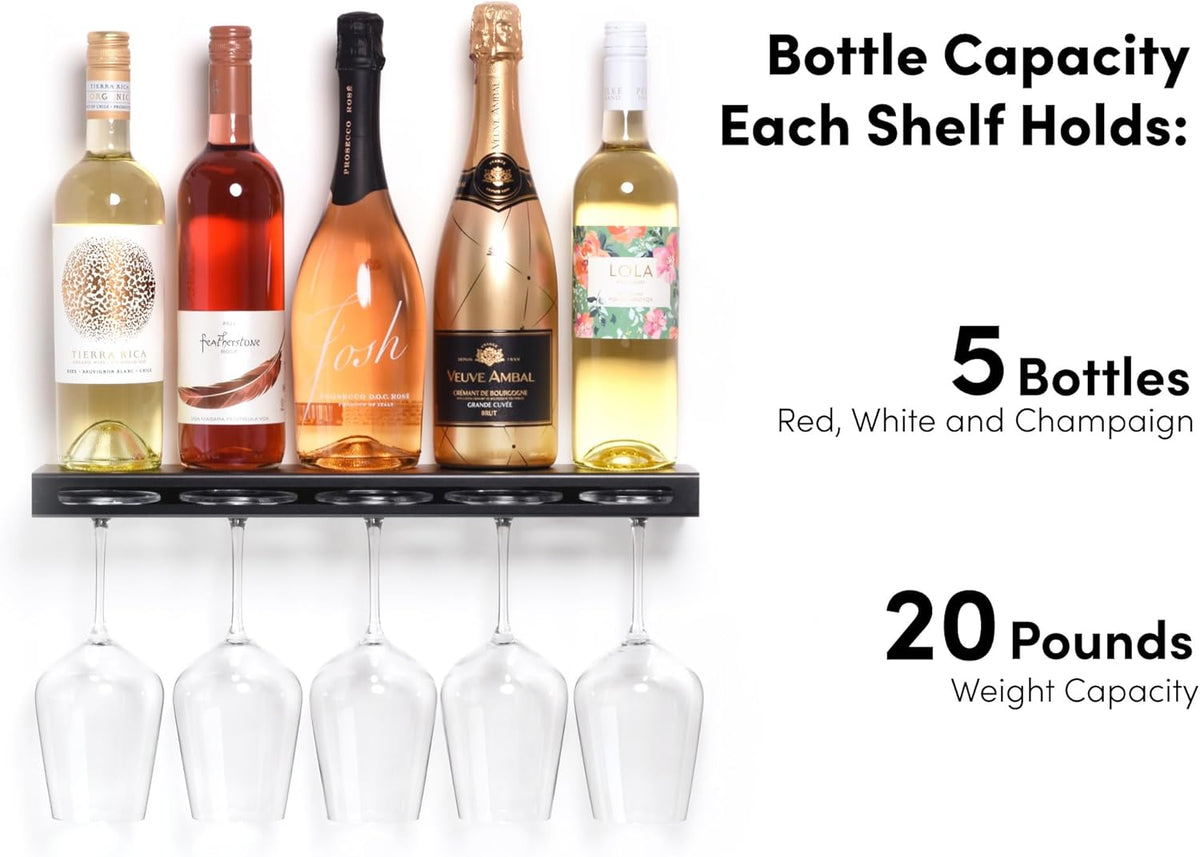 Wall Mounted Wine Rack – Metal Floating Bar Shelf with Bottle and Glass Holder, Holds 5 Bottles and