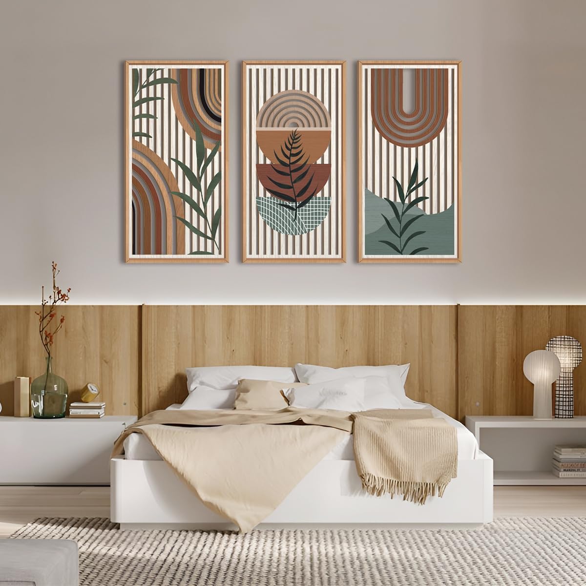IARTTOP Large Boho Wall Art Set Of 3 Framed Mid Century Modern Wall Decor Abstract Geometric Wood