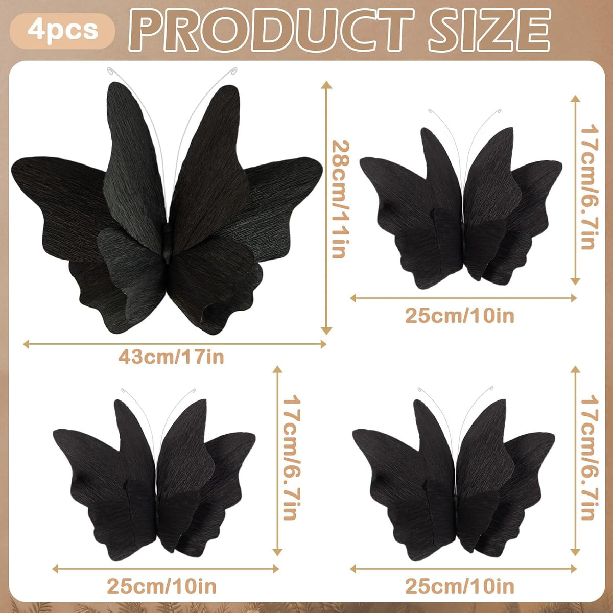 Party Butterfly Decorations, Black 3D Butterfly Birthday Decoration, 4 Pcs Crepe Paper Hanging