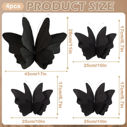 Party Butterfly Decorations, Black 3D Butterfly Birthday Decoration, 4 Pcs Crepe Paper Hanging