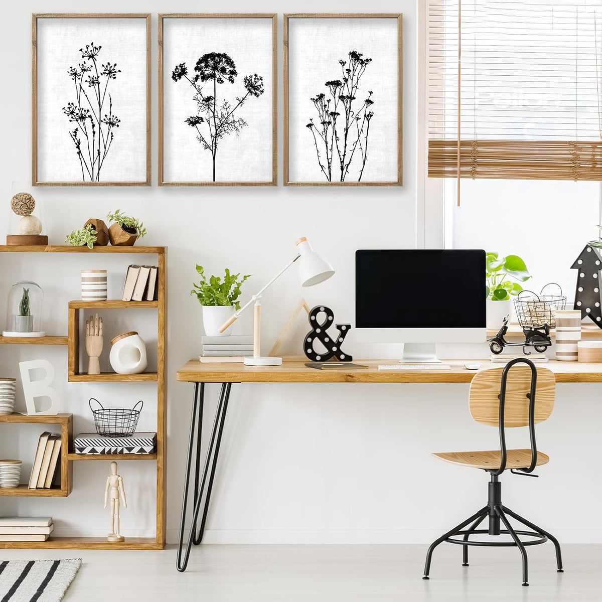 Flower Plant Wall Art Decor 16"x11" Set of 3 Black And White Botanical Painting Wood Framed For