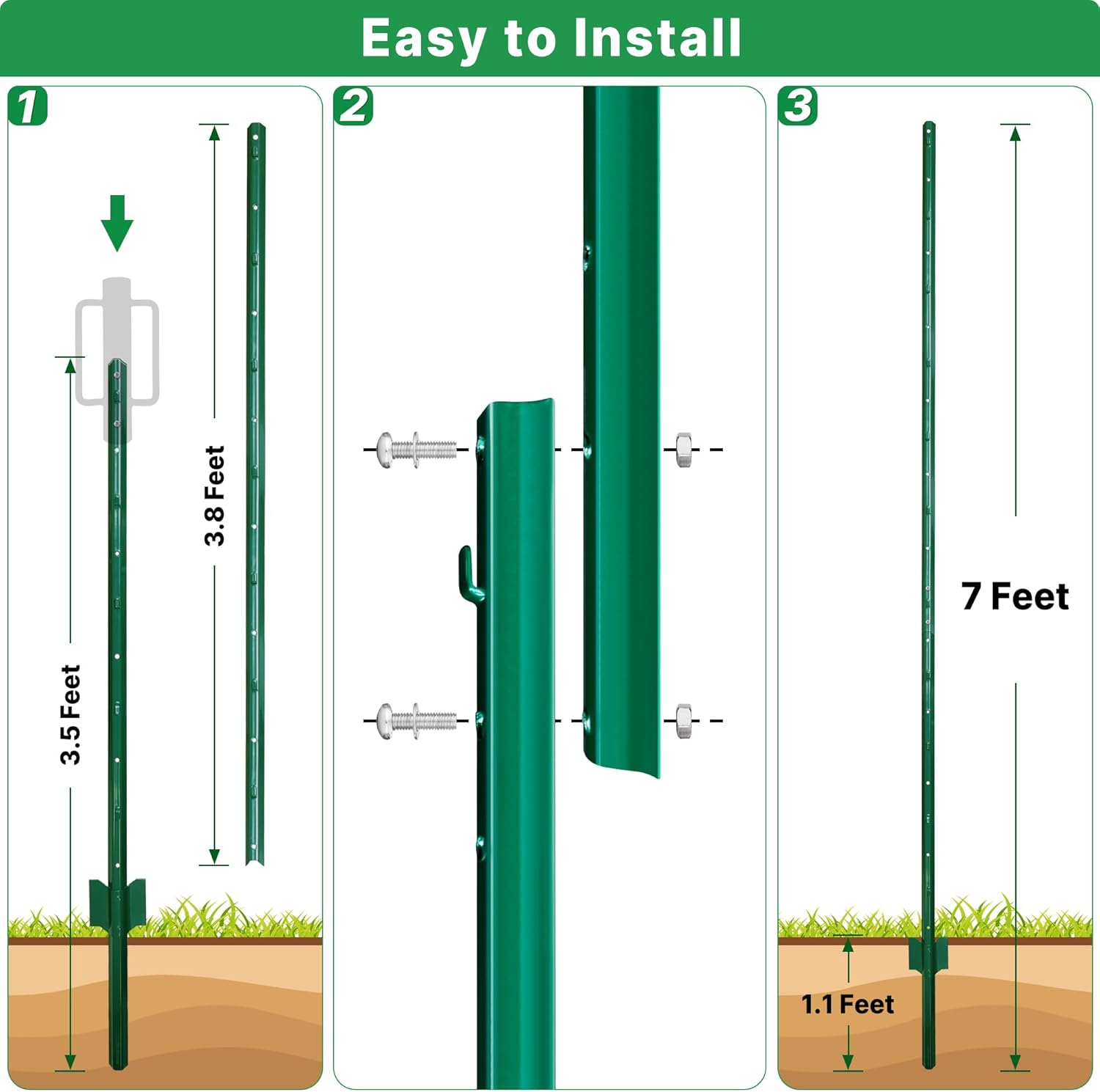 ARIFARO Sturdy Duty Metal Fence Posts 7 Feet assemblable,Pack of 10, No Digging Garden U Post for