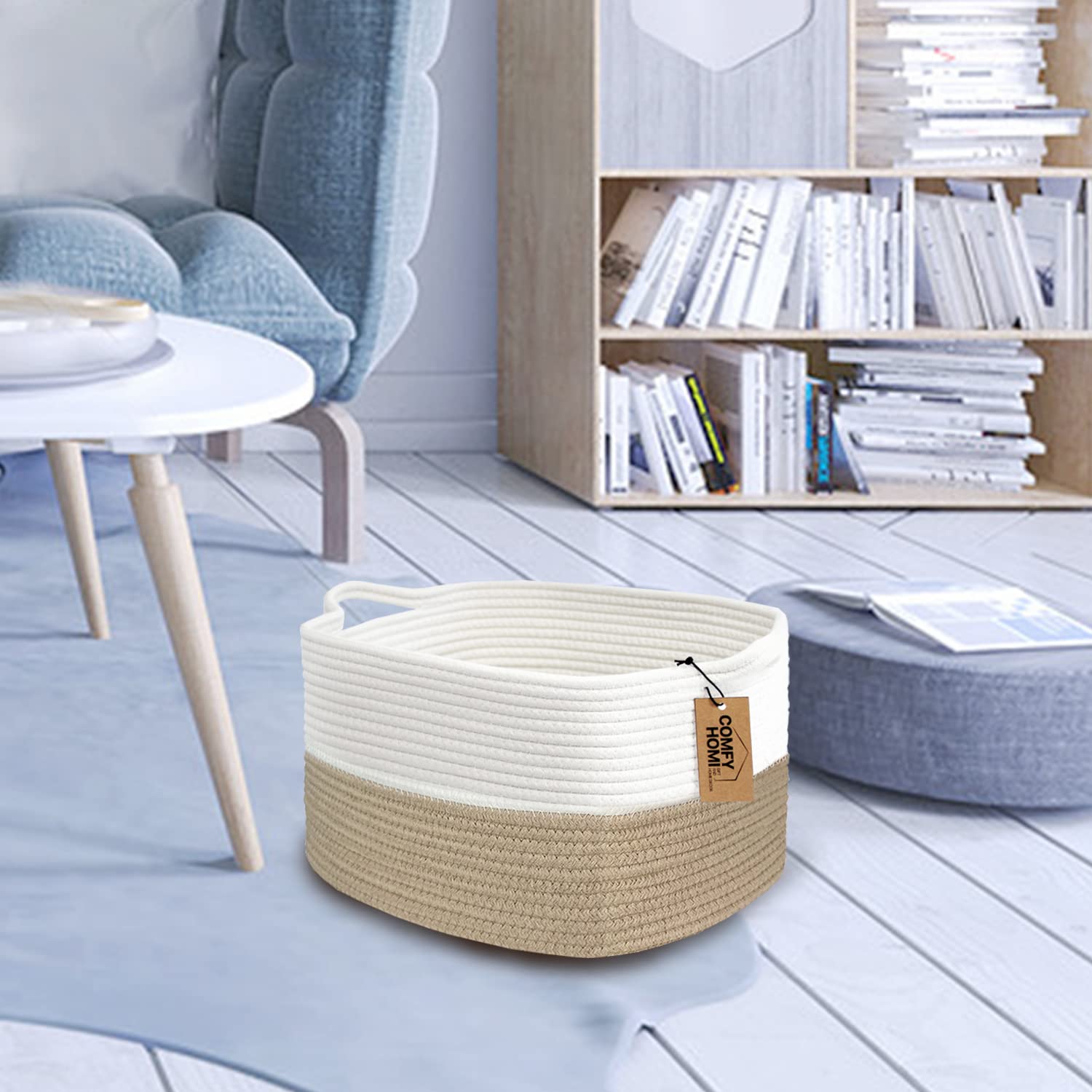 COMFY-HOMI Cotton Rope Woven Basket with Handles for Shelves,Toys,Book, Cloth Storage Baskets Bin