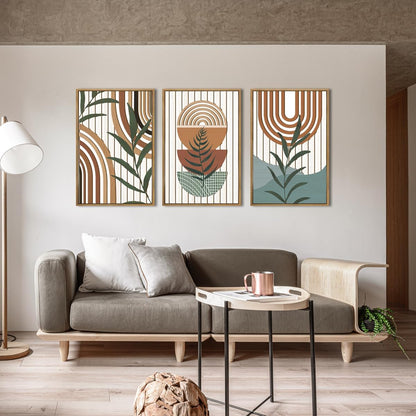 Large Boho Mid Century Wood Wall Art Set,Modern Geometric Leaves Artwork Bohemian Wall