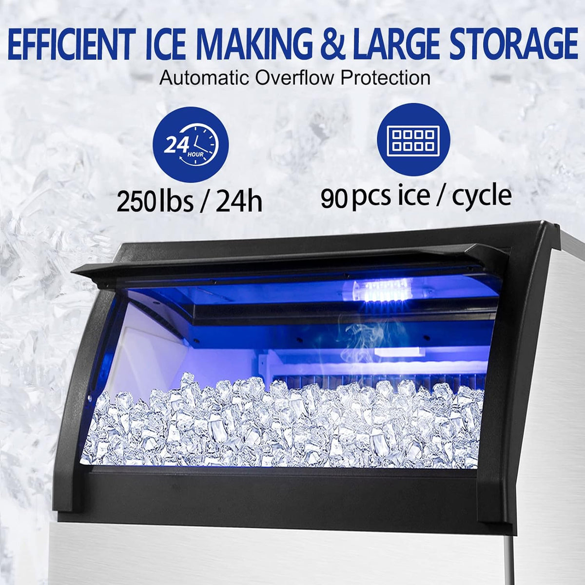 Commercial Ice Maker 250Lbs/24H Under Counter Ice Machine with 77Lbs Storage Bin, 90 Ice Cubes in