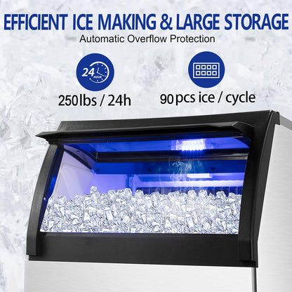 Commercial Ice Maker 250Lbs/24H Under Counter Ice Machine with 77Lbs Storage Bin, 90 Ice Cubes in