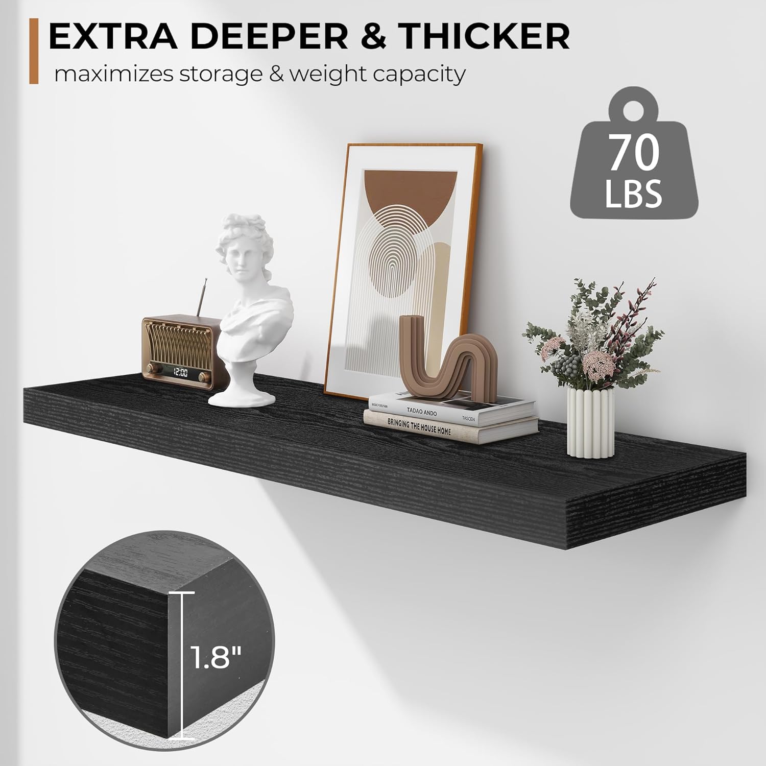 Fun Memories Floating Shelves - 2 Pack 12 Inch Rustic Wooden Wall Shelves - Extra Deeper & Thicker
