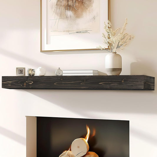 60x8x3 Fireplace Mantel - Handcrafted Hollow Rustic Solid Wood Wall Mounted Floating Shelf with