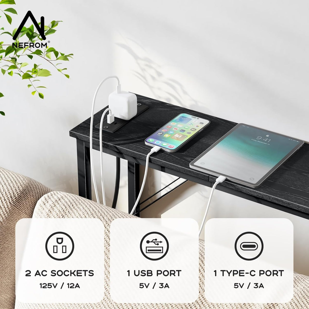 47.2'' Console Table, Skinny Entryway Table with Fast-Charging Station, Narrow Long Sofa Table