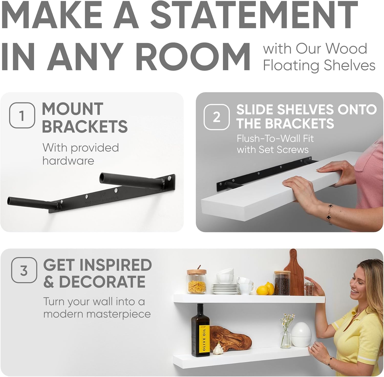 Homeforia White Floating Shelf 48 inches, High End Solid Real Wood 48inch Long Floating Shelves for